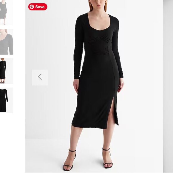 Express | Black Sweetheart Neckline Long Sleeve Ruched Side Slit Midi Dress L - Picture 1 of 10